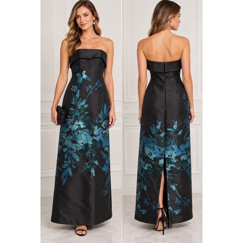 NWT Aidan Mattox 2 XS Black Blue Teal Metallic Gown Floral Strapless Maxi Dress